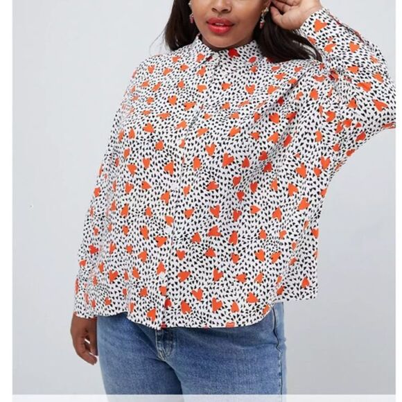 ASOS Curve Tops - Asos Design Womens Button Up Shirt Size 16 Black Red Hearts Crop Flowy Spring